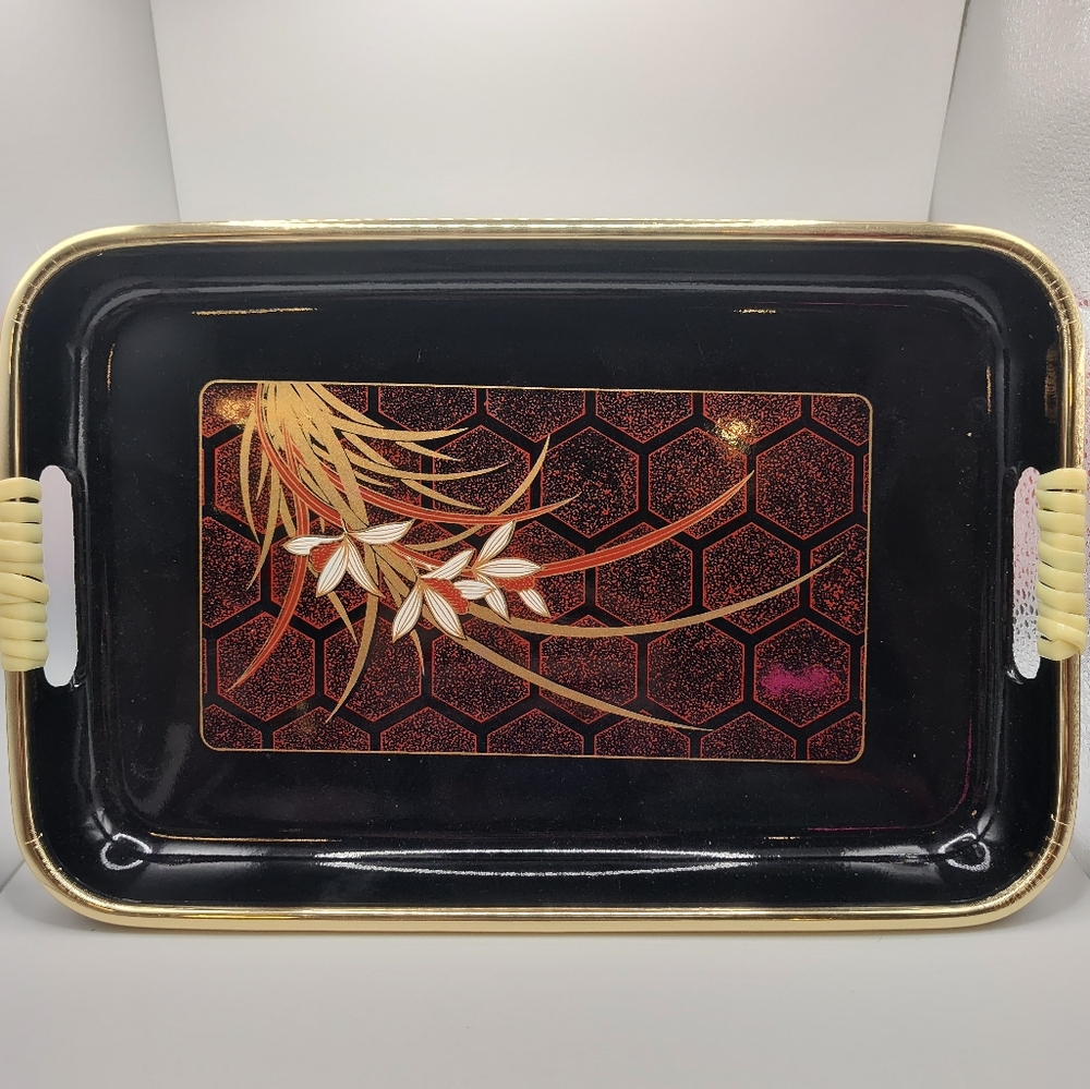 Vintage Japanese Laquared Black and Gold Serving Tray